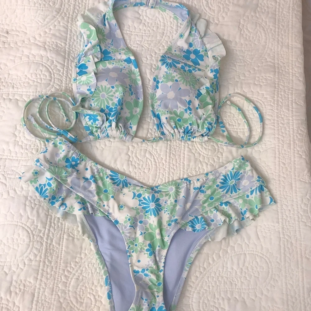 aerie Floral Ruffle Bikini Set - Blue & Green size small